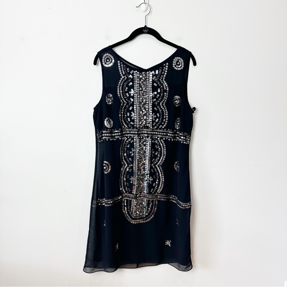 Adrianna Papell Beaded Mosiac Dress Black Silver Sleeveless Cocktail Evening - Picture 3 of 11